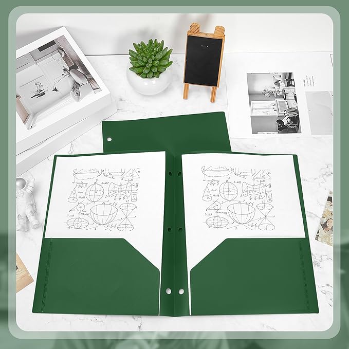 Yeaqee 50 Pcs Plastic Folders with Pockets Bulk 3 Hole Punched 2 Pocket File Folders for 3 Ring Binder Divider Folder for Notebooks, Durable Poly for Office Home (Dark Green)