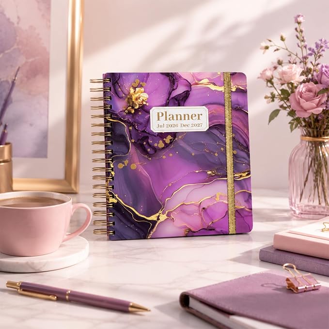 CAGIE Planner 2026-2027 18 Month July 2026-Dec 2027 Weekly and Monthly Calendar Planners Yearly Daily Hardcover 26-27 Planner for Women with Stickers Tabs Spiral Bound Agenda, Purple Marble, 8.3"x9.1