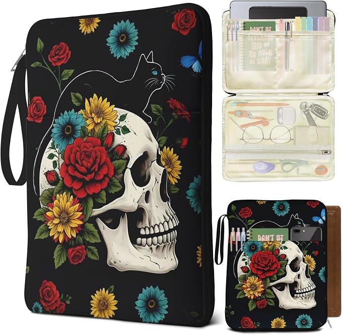 Book Sleeve for Book Lovers, Gothic Skeleton Black Cat Print Paperback Book Protector Case,PU Leather Waterproof Book Pouch with Zipper,Book Carrying Case for Hardcover,Birthday Gift for Women