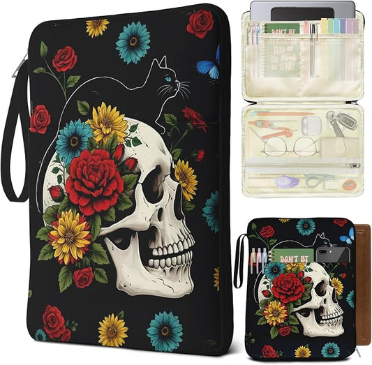Book Sleeve for Book Lovers, Gothic Skeleton Black Cat Print Paperback Book Protector Case,PU Leather Waterproof Book Pouch with Zipper,Book Carrying Case for Hardcover,Birthday Gift for Women