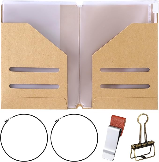 Travelers Journal Notebook Accessories Kit Include Travel Kraft File Folder, Zipper Case, Pen Holder, Binder Clip and Elastic Bands Travel Accessories Supplies(1 Pack,Passport Size)