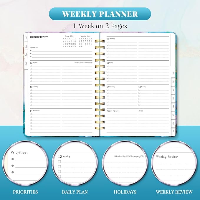 Lonely Oak Academic Planner 2026-2027, Daily Weekly and Monthly Agenda Planner 6.18" x 8.5" with Tabs, 12 Months Spiral School Year A5 Calendar from Jul.2026 to Jun.2027 for Student and Teacher (Cyan Marble)