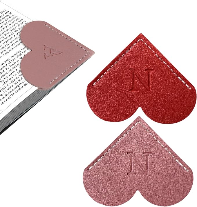 2Pcs Personalized Leather Heart Bookmark with Initial, 26 Letters Custom Corner Page Book Mark for Reading Women, Book Lovers, Teachers, Students, Cute Book Accessories Gifts(Red+Dark Pink, N)