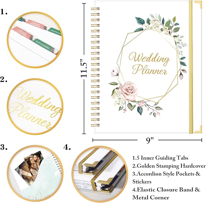 Wedding Planner & Organizer - Wedding Planner Book and Organizer for the Bride, Wedding Planning Book with 5 Tabbed Sections, 9" x 11.9", Hardcover with Metal Corner + 5 Inner Pockets + Elastic Closure - Romantic Floral