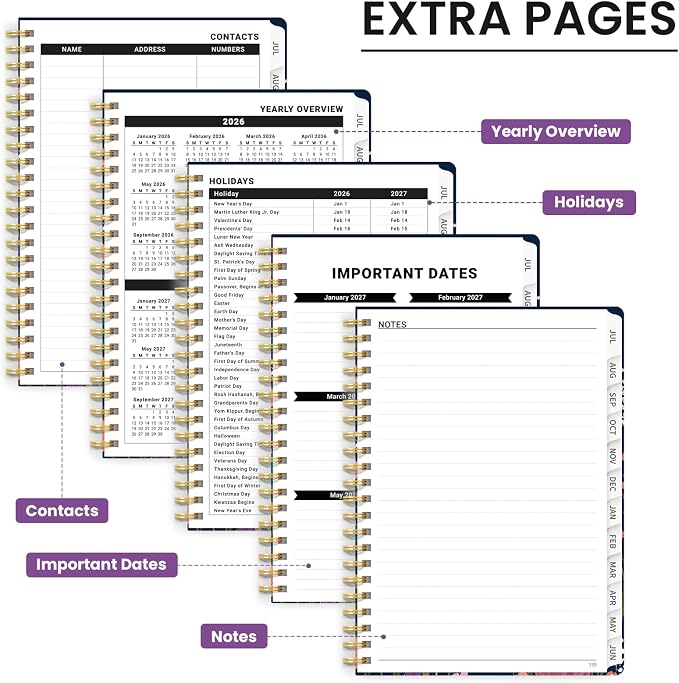 Planner 2026–2027, Academic Planner Weekly and Monthly Calendar Jul 2026 – Jun 2027 Hardcover Planner with Tabs and Pocket, Spiral Bound Agenda Book for Student & Teacher, 6.3" x 8.5", Ink Blossoms