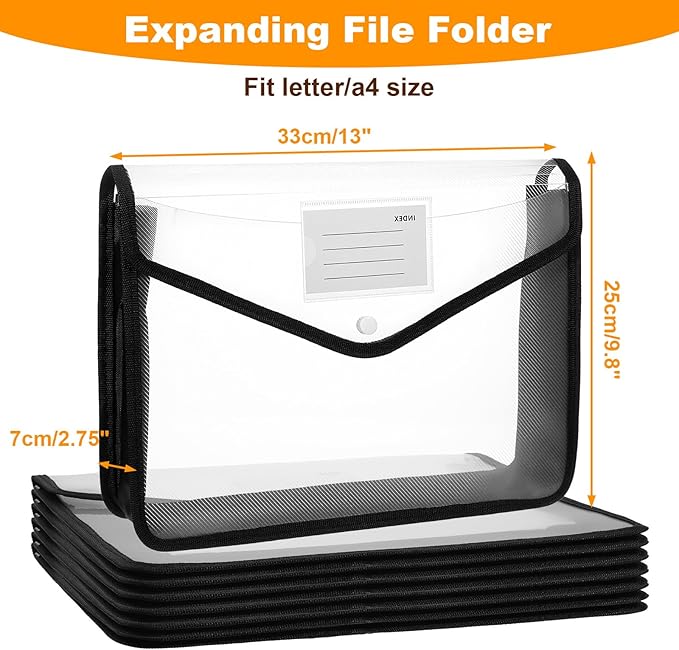 7 PCS Plastic Expanding File Folder Black Transparent Envelopes with Snap Closure File Folder Organizer Holder Large Capacity A4/Letter Size Organizer for School Office Home Storage