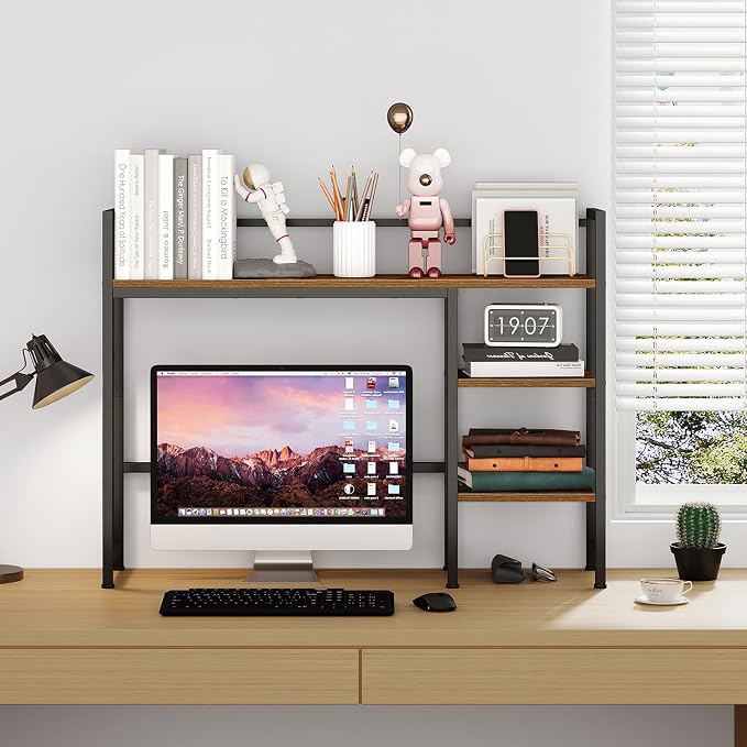 38.6" Desk Shelf with 3 Tier Open Shelves, Bookshelf and Deskshelf to Combined for Computer Desk, Desk Hutch for Top of Desk, Bookshef for Dorm or Office, Adjustable Shelf, Rustic Brown