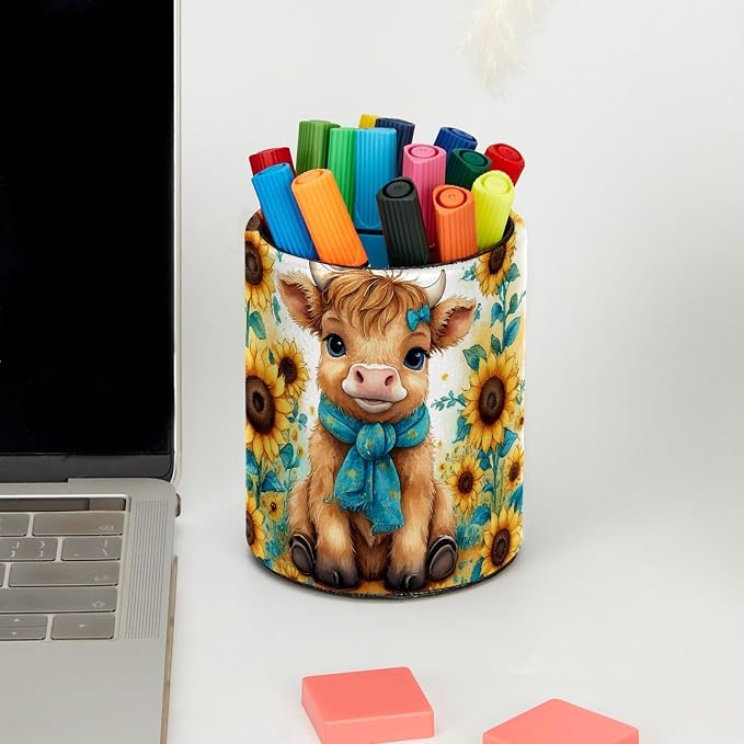 Leather Pen Holder for Desk, Highland Cow Sunflower Makeup Brushes Holder Pencil Cup Multifunctional Desktop Organizer Caddy for Home School Office Desk Accessories