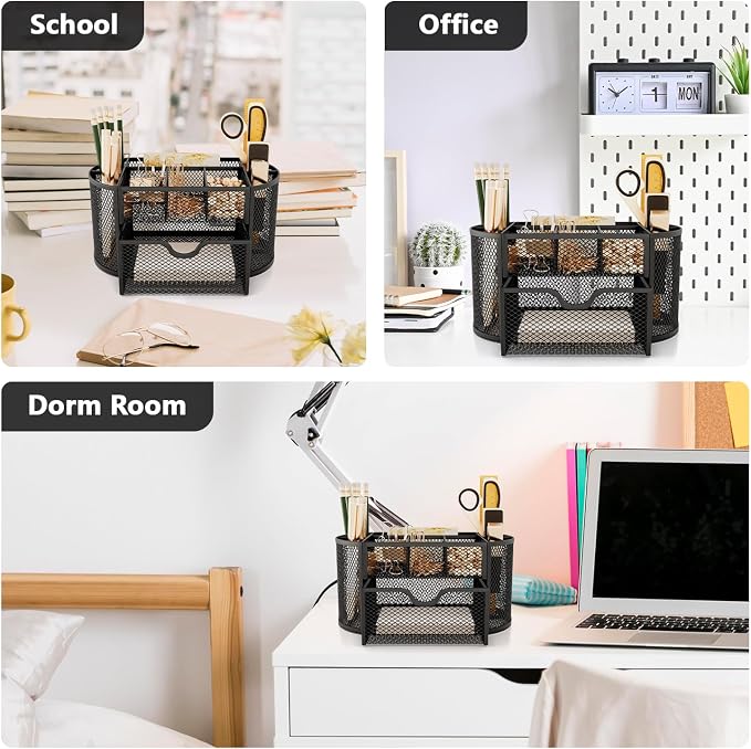 Mesh Pen Holder for Desk 9 Compartment Desk Organizer for Pens Pencils Sticky Notes Clips Office Accessories