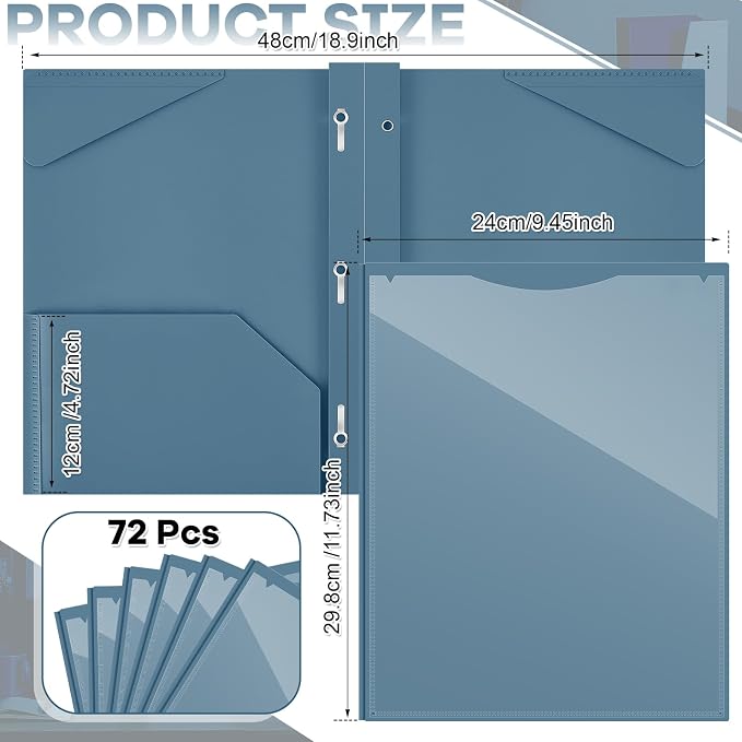 Henoyso 72 Pcs Plastic Folder with Clear Front Pocket and 3 Prong Plastic Folders with Card Slot Pocket Folders with Prongs for School Office (Navy Blue)