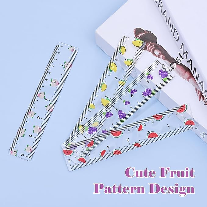 BAYTORY 4Pcs Transparent Acrylic Ruler 6 Inch, Clear Plastic Straight Rulers, Shatterproof Student Stationery Centimeters with Inches, for Classroom Essentials School Supplies (Fruit 6 Inch)