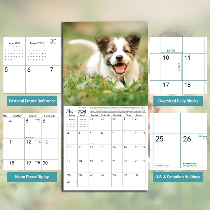 2026 Wall Calendar,Calendar 2026,Puppy Monthly Wall Calendar, 12" x 24" Open,Family Planner Calendar Organizer with Cute Puppy Images, for Puppies Dogs Lovers