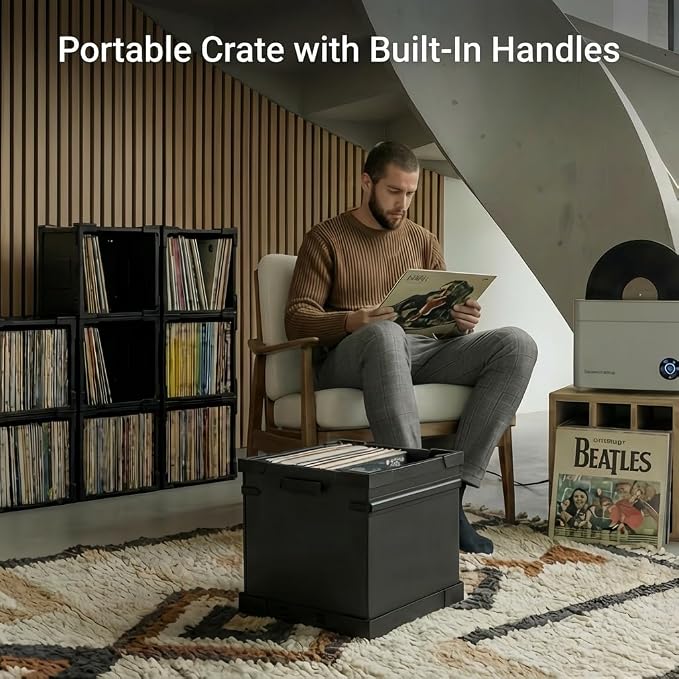 HumminGuru FlexiCube Vinyl Record Storage Box – Stackable Organizer for 12” Records, Holds 70 LPs | Modular Vinyl Shelf & Collapsible Storage Crate. Durable & Portable Space-Saving Design (1 Cube)