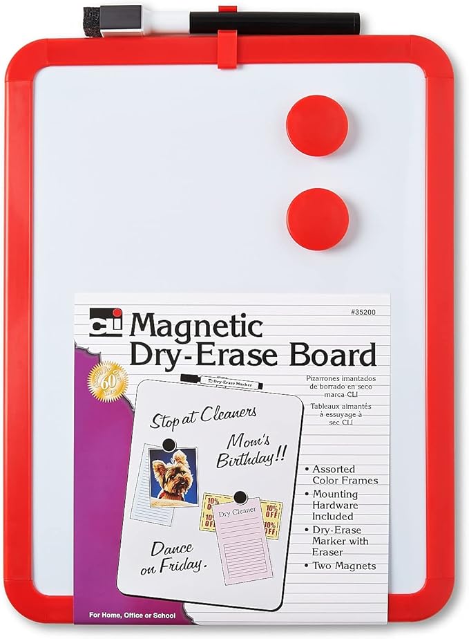 Framed Magnetic Dry Erase Board with Marker & Magnets, Assorted Colors, 8.5" x 11", Pack of 1
