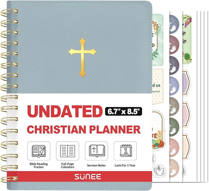 SUNEE Christian Planner - Undated 12 Month Bible Journal and Prayer Planner A5 Spiral Bound, Monthly & Weekly Christian Organizer Gifts for Women Men (Grey Blue)