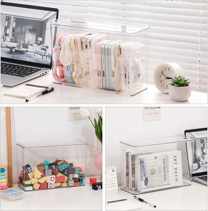 FABROK Large Cell Phone Case Organizer, Clear Storage Bin with Lid for Phone Basic Cases and Electronics Accessories, Plastic Basket Container for Home Office Desk, Kitchen Cabinet and Pantry