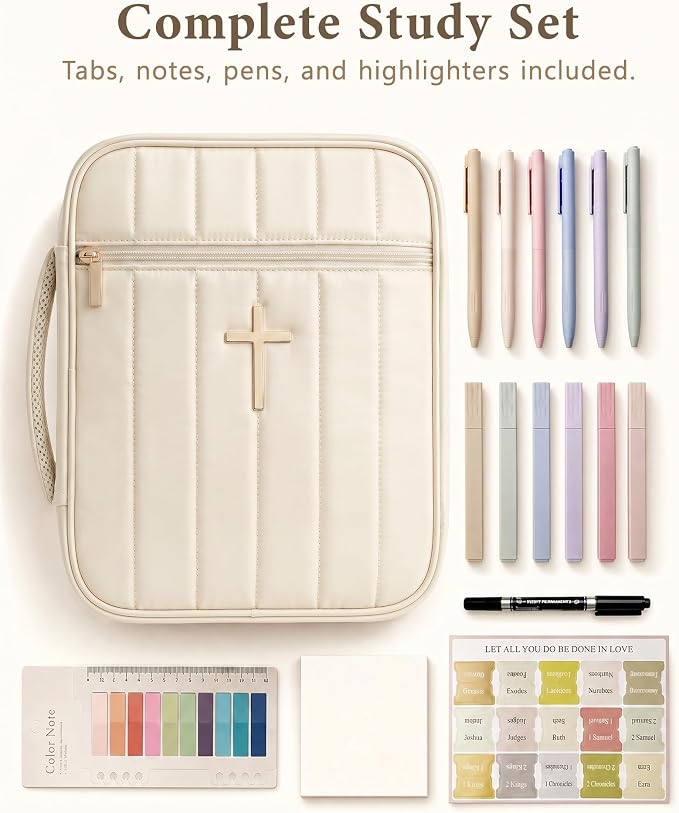 Wuflyover Bible Bag for Women with Study Set, Quilted Bible Cover Case with Handle, Bible Carrying Case for Church, Tabs, Notes, Pens and Highlighters, (Beige+Study Accessories)
