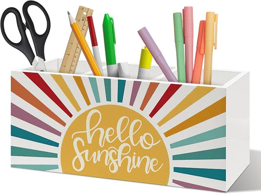 Boho Hello Sunshine Pen Holder Organizer Desk Decor, Boho Classroom Decor, Colorful Sunshine Sunrise Sunset Wooden Pen Pencil Holders for Kids Room Classroom Home Office Desk Accessories