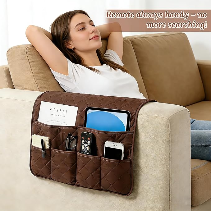 Sofa Armrest Organizer with 6 Pockets, Remote Control Holder for Recliner, Non-Slip Couch Sofa Chair Armrest Organizer, Armchair Caddy Bedside Storage for Magazine Book TV Phone iPad Tablet (Coffee)