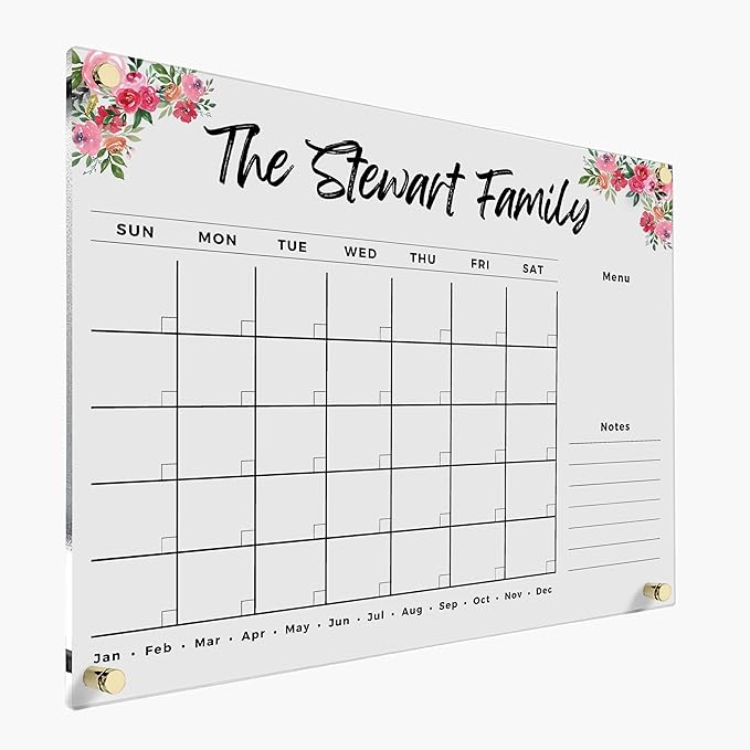 Custom Floral Acrylic Wall Calendar 2026 - Personalized Family Planner, Wall Organizer, Dry Erase Monthly Wall Planner Board with Marker