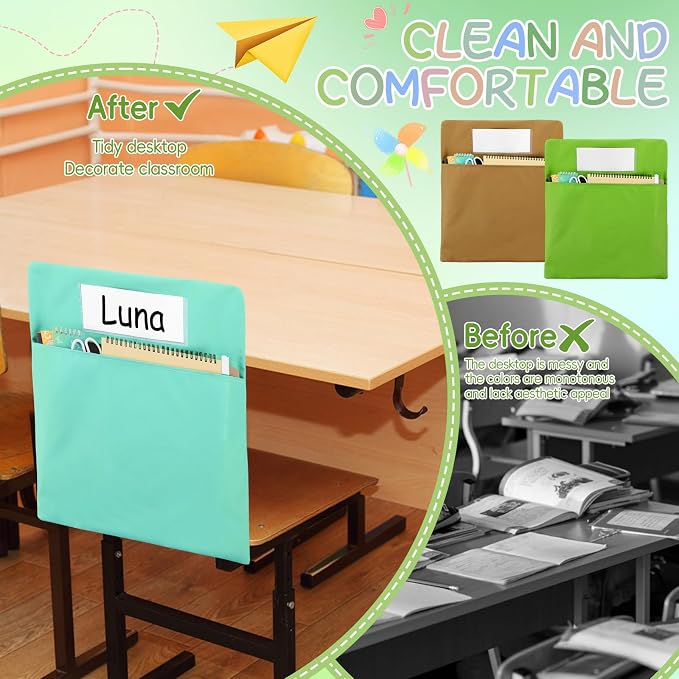gisgfim 24 Pcs Chair Pockets for Classroom 17 x 20 Inch s with Name Tag for Classroom Chairback Pockets Chairs Seat Back Organizer for Student Elementary School Daycare Home Supply (Greenery)