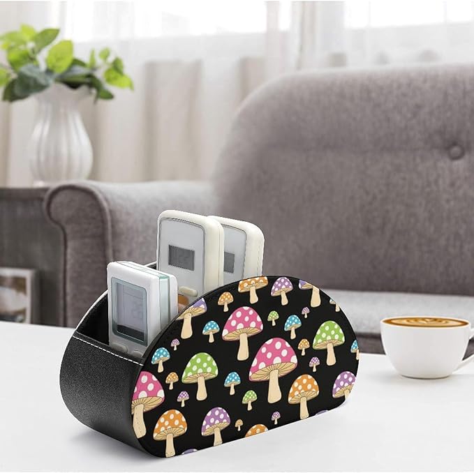 PU Leather Remote Control Caddy, 5-Slot Organizer for Bedside Table, Office Desk, and Living Room with Media Storage, Colorful Neon Mushroom