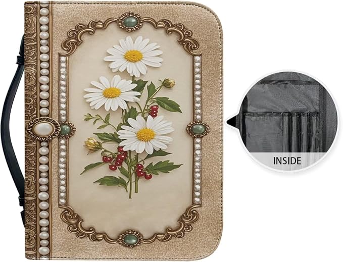 Vintage Elegant Style Flower Bible Case with Bookmark Waterproof Bible Cover Case for Women Lightweight Bible Bag with Handle Pockets Church Book Bag Brown