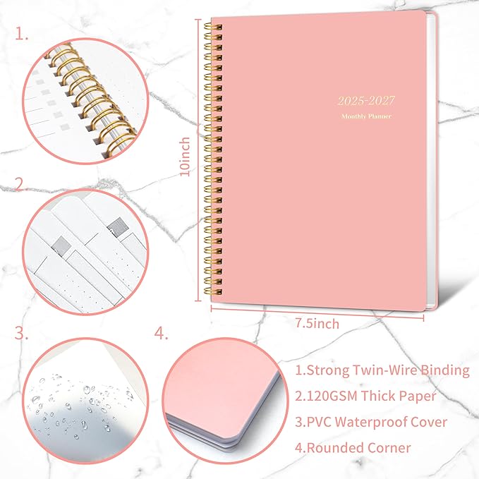 Monthly Planner 2025-2027, July 2025 - June 2027, 2 Year Calendar 2025-2027 Monthly Planner, 7.5" x 10", 24 month Calendar With Goals To Do List, Habit Tracker Suitable for Schools & Offices & Home, Pink