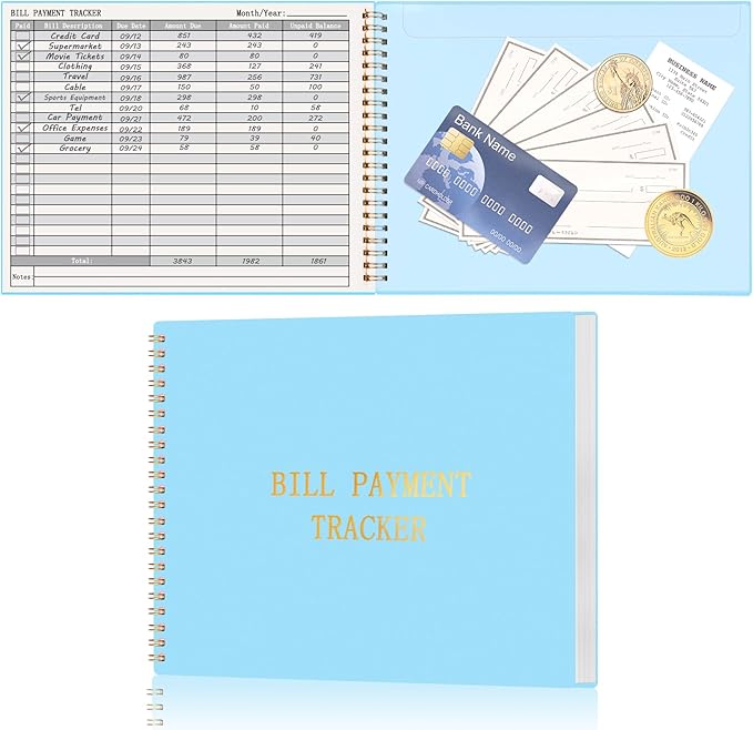 HAUTOCO Bill Tracker Notebook Monthly Bill Payment Tracker for Personal Budgeting Home Financial with 2 Storage Pocket, Payments Checklist Organizer Bill Planner 10.1 x 7.8'', Sky Blue