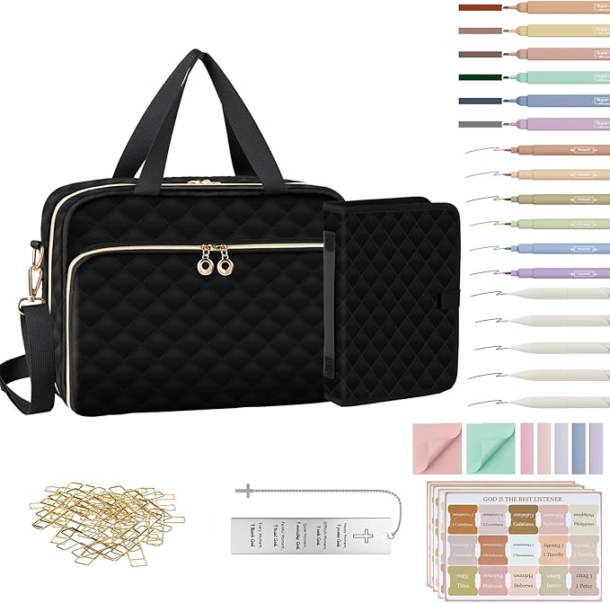 Bible Cover Case for Women, with Book Carrying Case Bible Study Supplies Kit 12 Highlighters & 75 Tabs,Large Bible Bag,Bible Case Shoulder Strap,Sticky Notes, Bookmarks,Mothers Day Christian Gifts