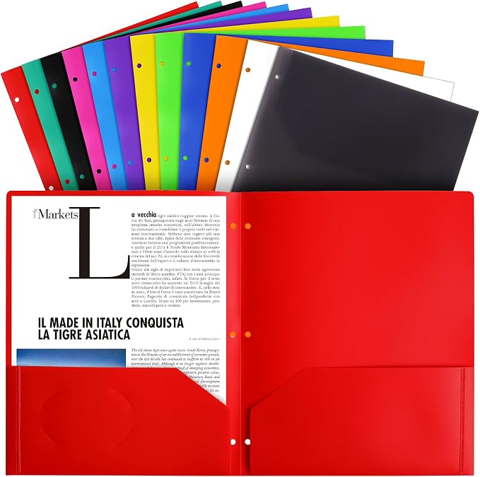 Feosky Folders with Pockets, Plastic 2 Pocket Folders, 2 Pockets Folder and 3 Hole for School, Home, and Office, 12 Assorted Colors