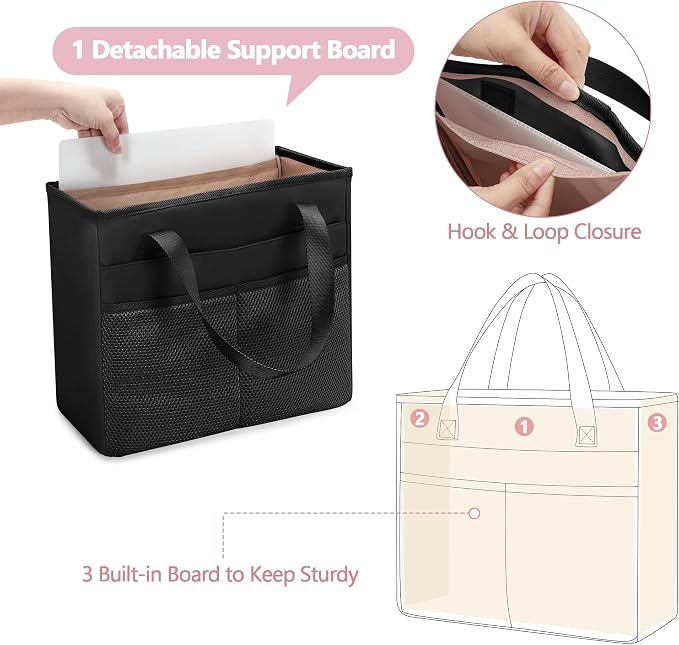 File Folder Tote Bag with Handle, Portable Document Organizer Box for Letter Size File Folder, Folding File Case for Home Office, Black, Large
