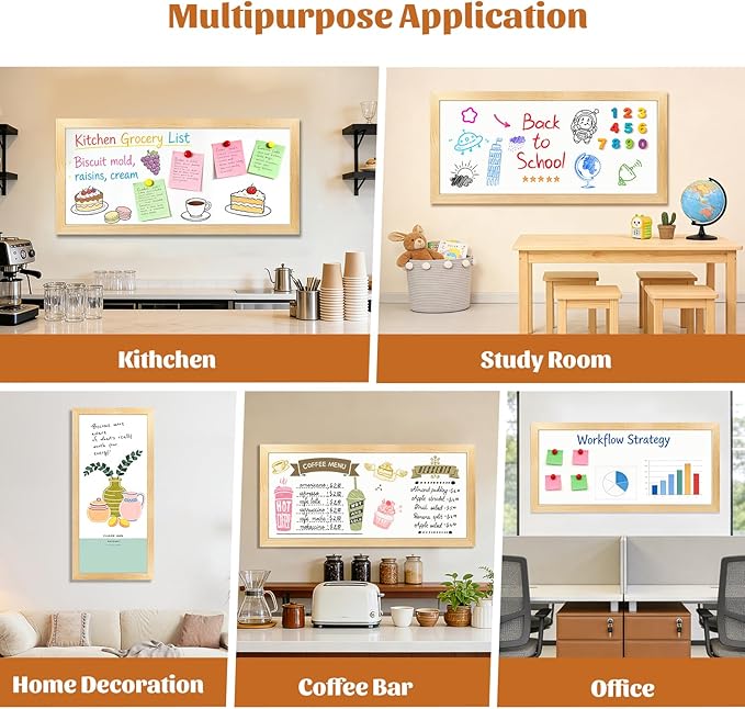 Large Magnetic Chalkboard for Wall, 58 x 25 Inch Solid Wood Framed Natural Whiteboard, Wall Mounted Chalk Board for Kitchen, Restaurant, Food Truck and Calendar Board