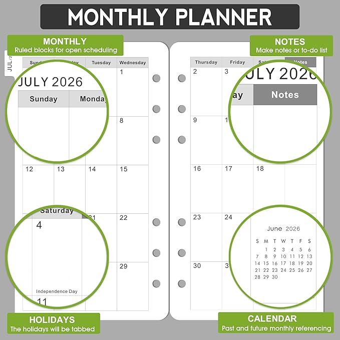 2026-2029 Monthly Planner Refill - A6 Size, Planner Inserts with 6-Hole Punched, July 2026 - June 2029, Two Pages Per Month, 2026-2029 Monthly Calendar with Tabs