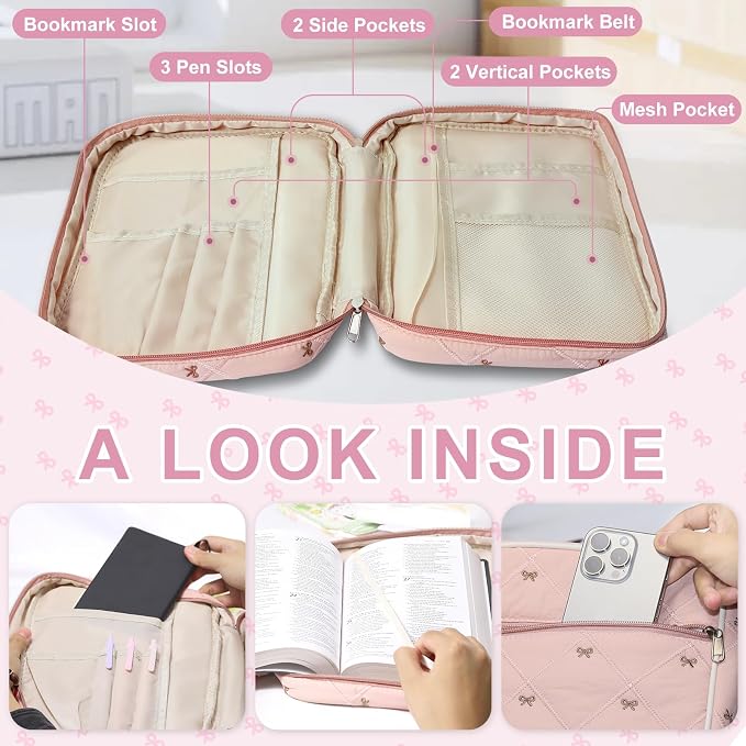 Pink Bible Bags for Women Organizer with Study Supplies Accessories, Quilted Bible Cover Case for Women Carrying Case for Girls Book Case Purse with Bible Stuff