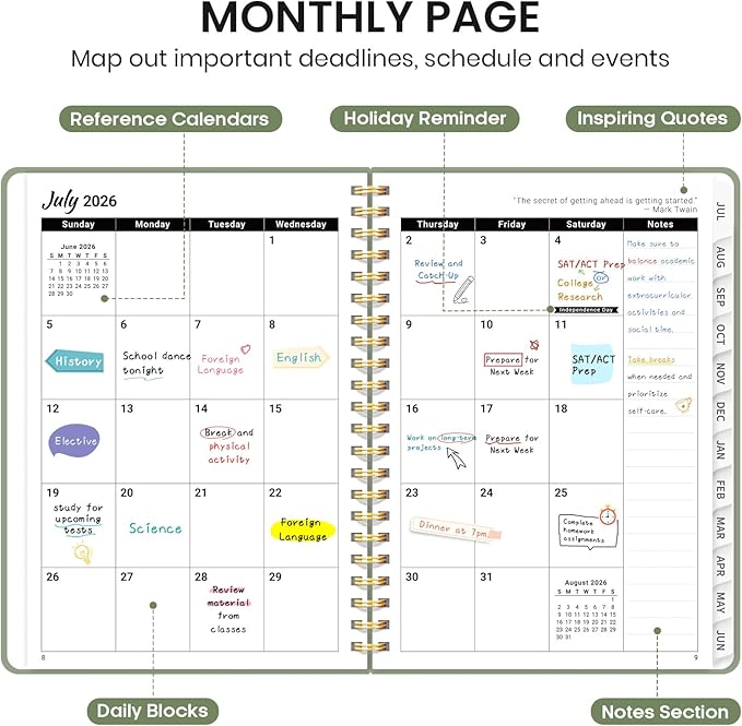 Planner 2026-2027 for Women & Men, Set of 3, Academic Monthly and Weekly Calendar Planner, Jul 2026 - Jun 2027, A5 (6.3" x 8.5"), Teacher Student Planning Book with Tabs, Ideal for Office School Supplies - 3 Green