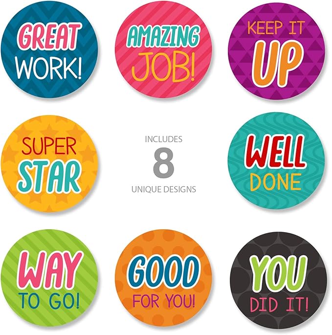 Bright Teacher Message Stickers / 500 Inspirational Labels / 8 Motivational Classroom Homework Lesson Designs / 1.5" Small Reward Sticker/Made in The USA
