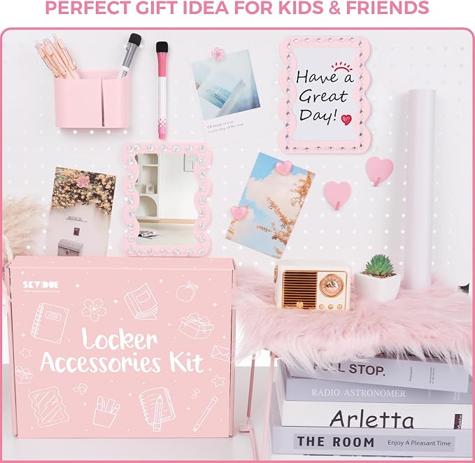 SKYDUE Locker Accessories Kit for Girls - Includes Locker Shelf, Rug, Wallpaper, Magnetic Mirror, Whiteboard, Pen Holder, Magnets, Stickers, Hooks, Pink Locker Decor & Organizer Set, 15 Piece