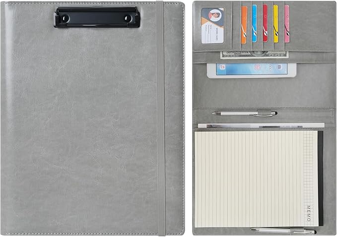 Wonderpool A4 PU Leather Clipboard Partfolio Notepad Forms Holders Document Case - Interview Planner Meeting Writing Padfolio File for Office Travel School Hotel (Grey, A4)