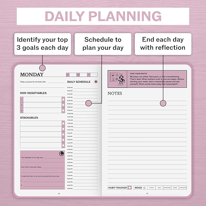 Undated Daily Planner | 90 Day Daily & Weekly Productivity Journal with Hourly Schedule, To Do List, Goal Tracker & Habit Tracker | ADHD Planner for Men & Women | Hardcover Agenda (Pink)