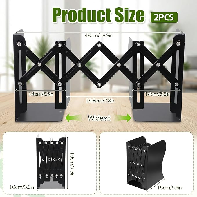 2 Pcs Adjustable Bookends, 2 Dividers, Metal Book Ends for Heavy Books Anti-Slip Book Organizer for Desk Shelves Office, Extends up to 19 inch (Black)