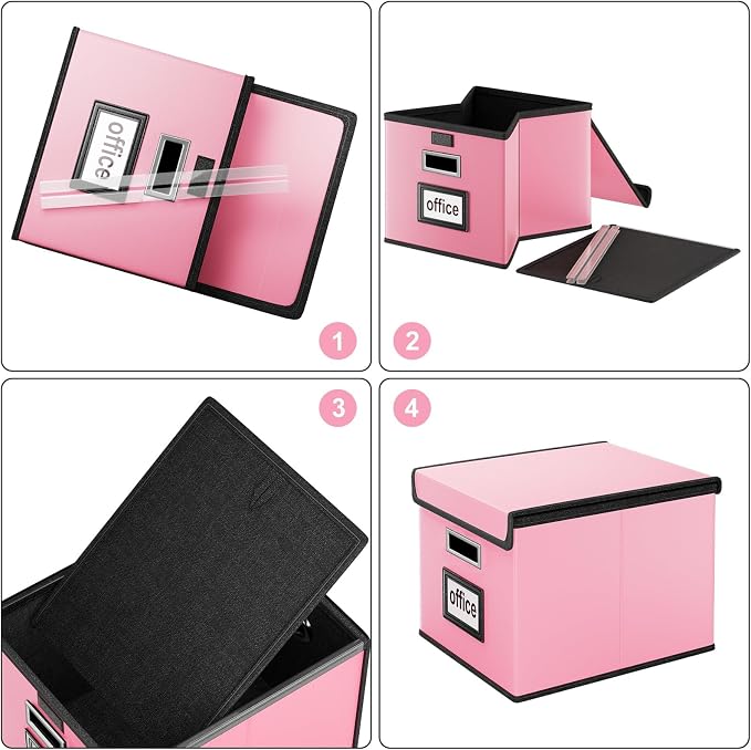 Portable Leather File Organizer Boxes with Lids, Office Document Boxes Organizer, Filing Boxes, Decorative Small File Boxes for Hanging Files, File Cabinet for Office/Home - 4 Pack