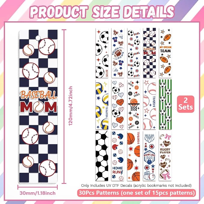 Peacoblue 30pcs UV DTF Bookmarks Transfer Stickers Wraps Sport Ball Series for Women Men Reading, Waterproof Bookmarkers Decal(No Blank Bookmarks) for Acrylic Plastic Metal Blank Bookmark