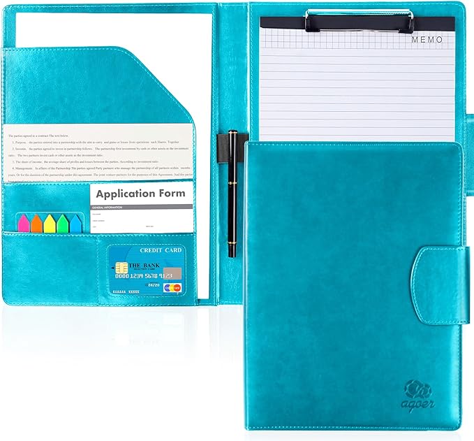Leather Portfolio Folder Binder,A4 Padfolio Clipboard Folder with Magnetic Closure Cover with Letter Sized Papers,Sticky Tabs,Pen for Business School Office Conference Notepad Clip Boards(Turquoise)