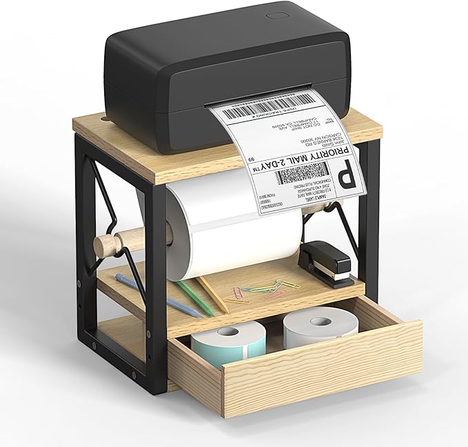 Label Roll Holder & FanFold Labels with Drawer, Wooden Label Holder for Thermal Printer Stand, Thermal Label Holder for Desktop Label Printer, Sticker Roll Holder for Home, Office, Work