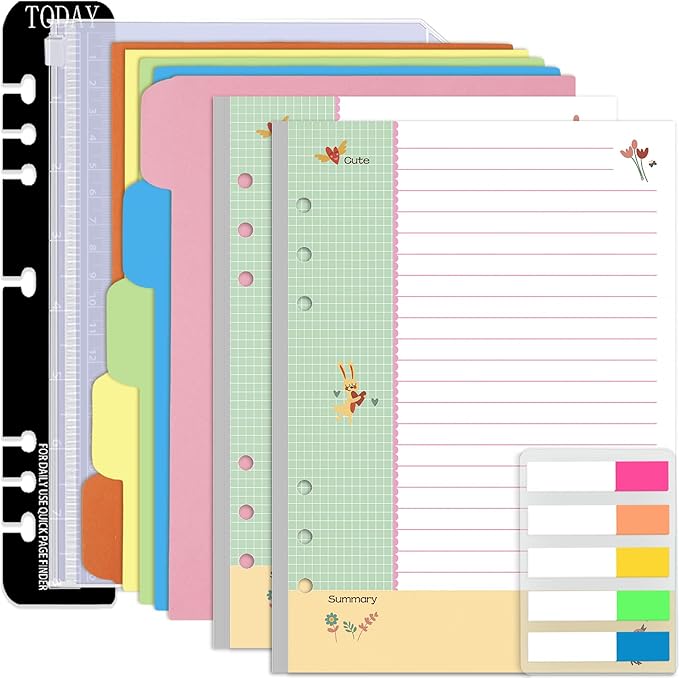 Rancco Cornell-Note Taking-System A5 Planner Refill Paper, 90 Page Colorful 5R Cornell Notes 6-Ring Binder Loose-leaf Inserts w/Zipper Pouch, Binder Divider, Ruler, Index Tab, College Ruled, 8.3x5.6"