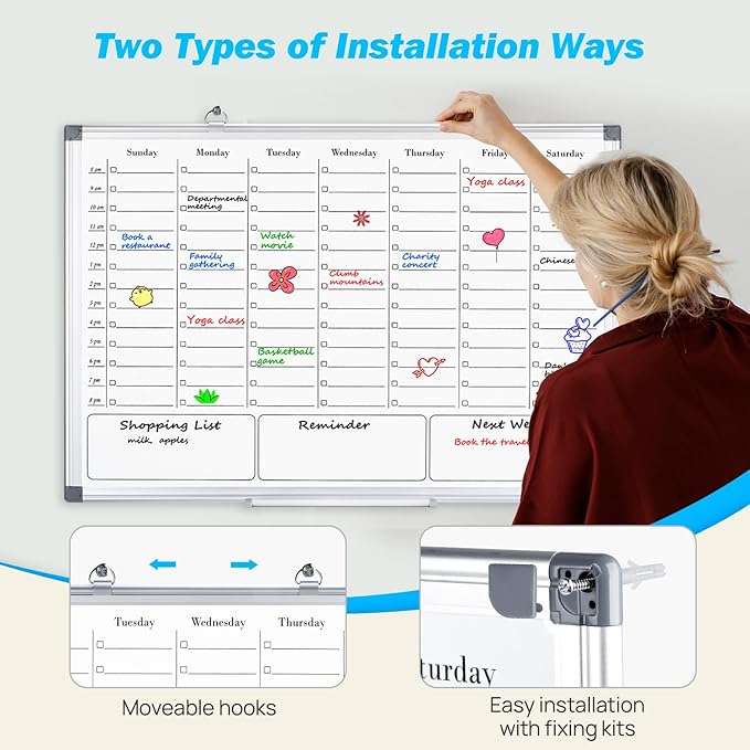 ONAVIA Weekly Calendar Dry Erase Board for Wall, Hanging 36"×24" Double-Sided Magnetic Whiteboard with Hourly Slots, for Planning, Memo, to Do List, Home, Office, Work