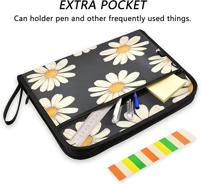 Black Daisy Corn Poppy Accordion File Organizer Expanding Document Folder with 13 Pockets Portable File Folder for A4 Letter Size