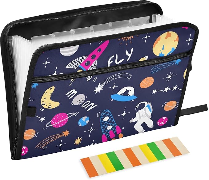 Space Rocket Astronaut Planet File Folders,Plastic Folders with 13 Pockets,Expandable File Folder for Documents School Students Office,Aesthetic Folder with Labels A4 Letter Size