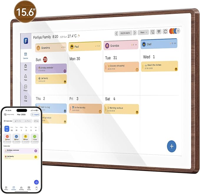 ANKRA 15.6-Inch Family Digital Calendar, Kids Chore Chart with Rewards, Reminder Display, Wall & Desk Touchscreen Smart Planner, Home Schedule Organizer, Electronic Calendar, Gift for Families(Walnut)